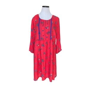 Old Navy Women Boho Floral Dress Size XL Red Peasant Festival Artisan Embroidery